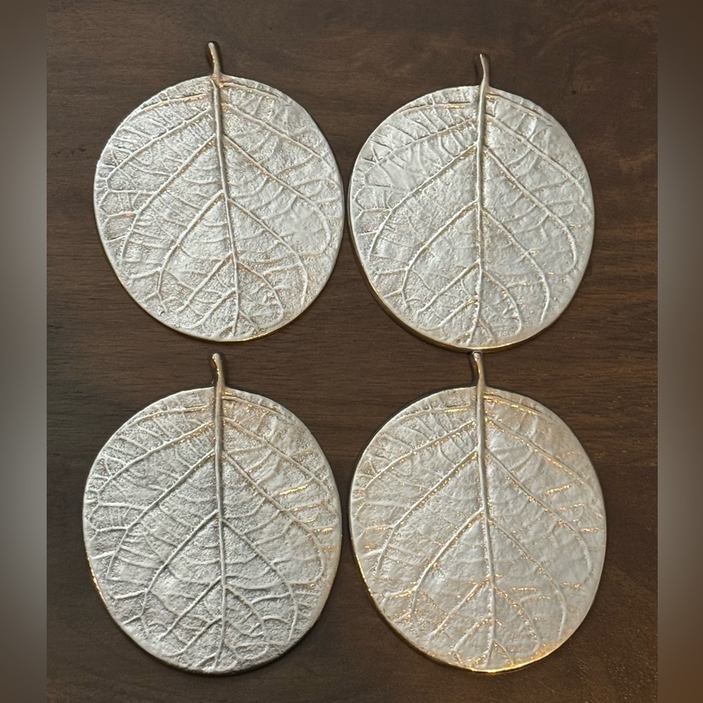 Modernist Set Of 4 Michael Aram Signature Silvertone Forest Leaf Coasters